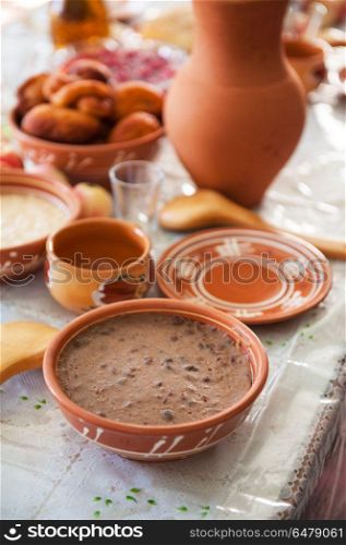 old slavonic food. table with traditional old slavonic food