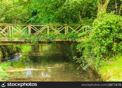 Old small bridge over river stream creek in green garden. Nature and landscape.