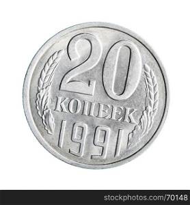 Old soviet coin (twenty copecks) isolated over white background