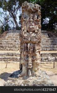 Old statue on the square in Copan, Honduras