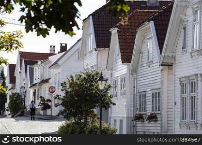 Old Stavanger town in Norway September 2018, Traditional white houses close-up. Old Stavanger town in Norway September 2018, Traditional white houses