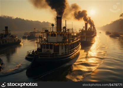 Old steamboat in river. Generative AI. Old steamboat with smoke in river. Generative AI