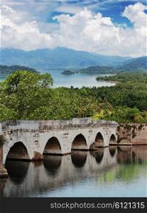 Old stone bridge in the jungles of Asia