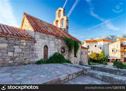 Old stone church of St. Mary on a sunny day. Budva. Montenegro. Budva. Church of St. Mary.