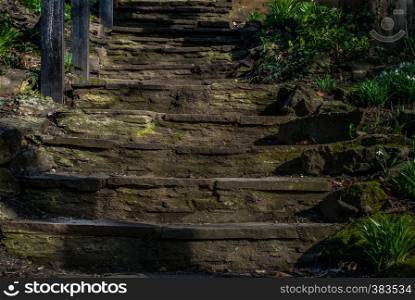 Old stone staircase through the forest park. Near the stairs there are trees and green grass. beautiful