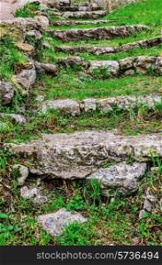Old stone steps overgrown with grass