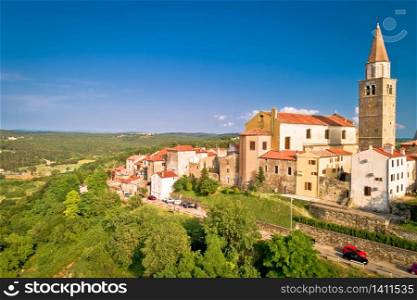 Old stone town of Buje on green hill aerial view, town in green landscape of Istria, Croatia