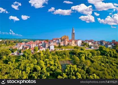 Old stone town of Buje on green hill aerial view, town in Istria, Croatia