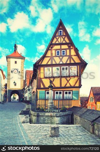 Old street in Rothenburg ob der Tauber, Bavaria, Germany. Toned image