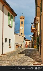 Old street with bell tower in Santarcangelo di Romagna town, Emilia-Romagna, Italy