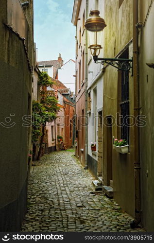 Old street with flowers in Brussels, Belgium