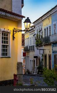 Old street with historic colonial style houses in Pelourinho in Salvador, Bahia during dusk. Old street with historic colonial style houses