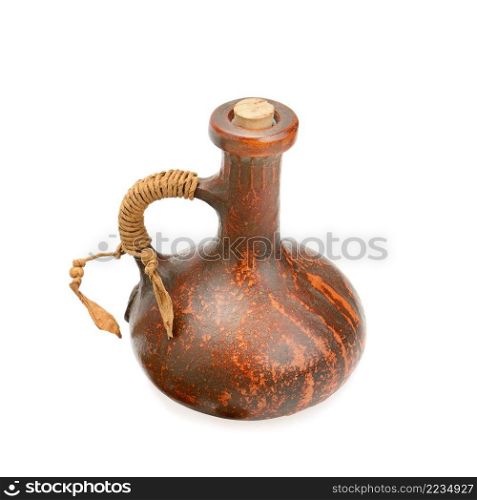 Old style clay oil bottle isolated on white background. Concept  hobby and handicraft.