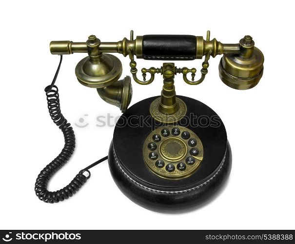 Old style telephone made of brass and leather isolated on white