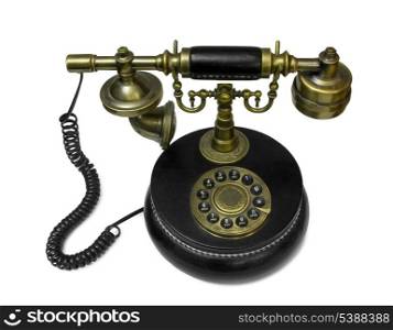 Old style telephone made of brass and leather isolated on white