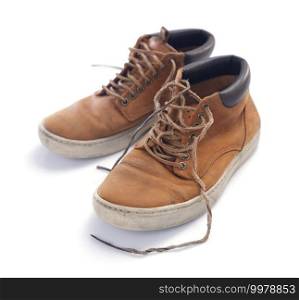 old suede leather travel vintage boots shoes isolated on white background