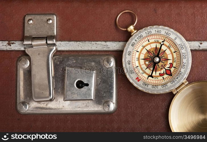 old suitcase and compass isolated on white background