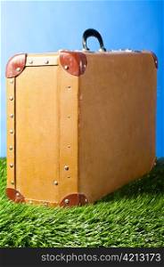 old suitcase on grass, concept of travelling