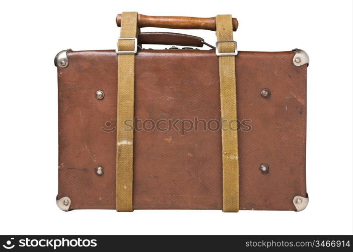 old suitcase tied with a belt Isolated on white background