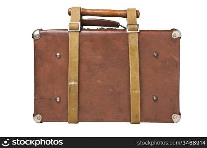 old suitcase tied with a belt Isolated on white background