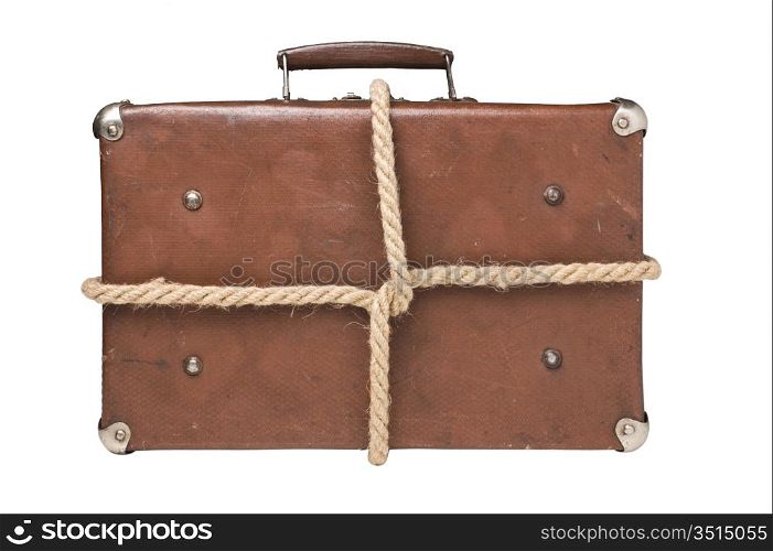 old suitcases tied with rope Isolated on white background