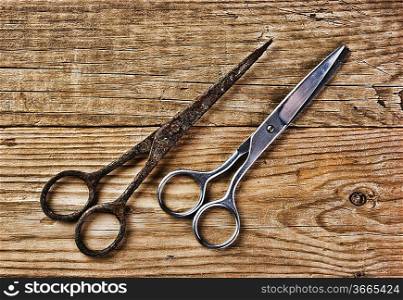 old tailor scissors on the wooden background