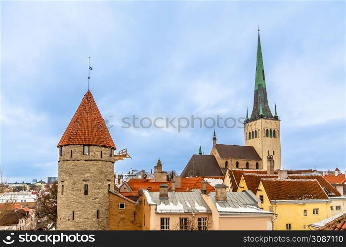Old Tallinn town, view to the Stolting tower and Saint Olaf&rsquo;s church, Estonia