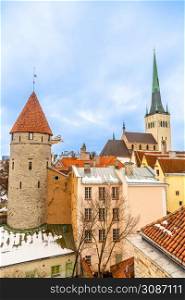 Old Tallinn town, view to the Stolting tower and Saint Olaf&rsquo;s church, Estonia