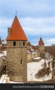 Old Tallinn town walls, with medieval towers, Estonia