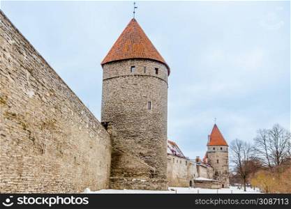 Old Tallinn town walls, with medieval towers, Estonia