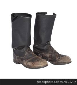 Old tarpaulin military boots isolated on a white background