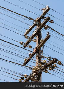 Old telegraph pole with complex wire for use in the local communication.