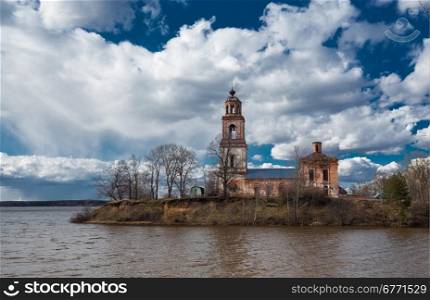 Old temple built on the banks of the river. Yaroslavl, Russia