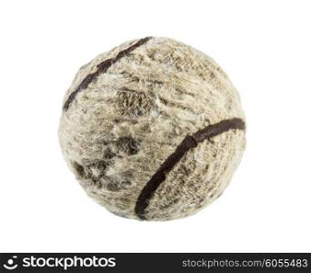 Old tennis ball isolated on white background