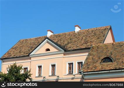 Old tiled roofs of houses in Trinity Suburb, old part of Minsk, Belarus