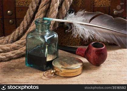 old tobacco pipe and inkwell, still life