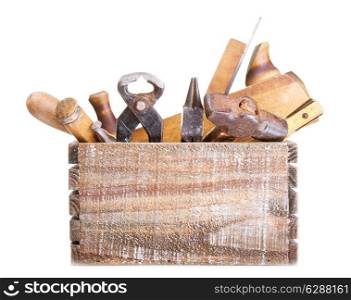 old tools in a box isolated on white background
