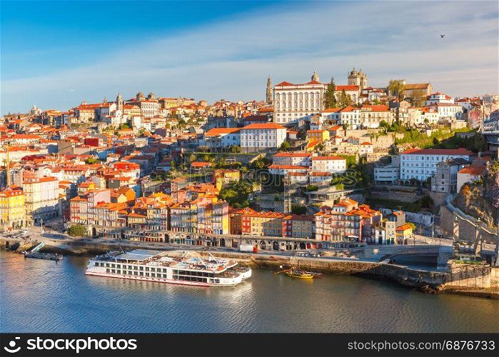 Old town and Douro river in Porto, Portugal.. Picturesque panoramic aerial view of Old town of Porto, Ribeira and Douro River in the morning, Portugal