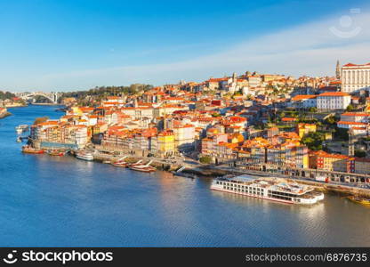 Old town and Douro river in Porto, Portugal.. Picturesque panoramic aerial view of Old town of Porto, Ribeira and Douro River in the morning, Portugal