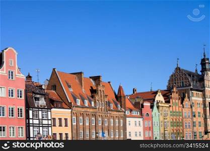 Old Town apartment houses residential architecture in city of Gdansk (Danzig), Poland, composition with copyspace