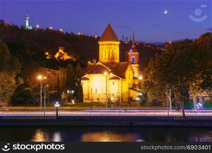 Old Town at night, Tbilisi, Georgia.. Amazing View of Sioni Cathedral of Dormition and Kura river in Old Town in the moonlit night, Tbilisi, Georgia
