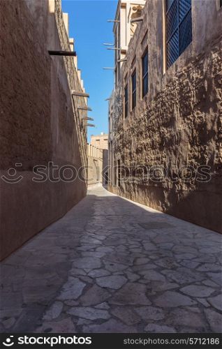 Old Town Dubai. Narrow cobbled streets in the old town Dubai