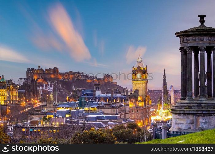 Old town Edinburgh city skyline. Cityscape in Scotland at sunset