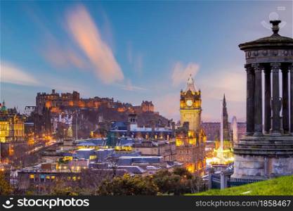 Old town Edinburgh city skyline. Cityscape in Scotland at sunset
