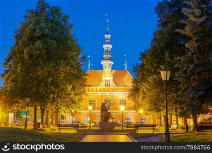 Old Town Hall in the historic center of Gdansk at night.. Gdansk. Old Town Hall.