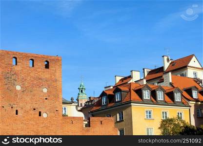 Old Town houses and part of the City Wall in Warsaw, Poland.