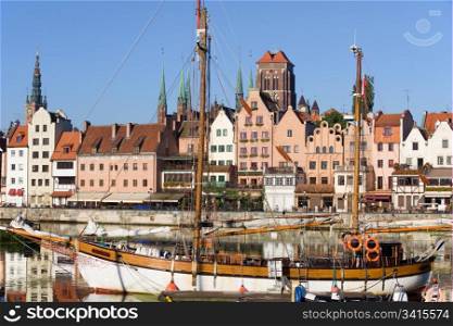 Old Town houses waterfront on the Motlawa river, view from the marina in the city of Gdansk (Danzig), Poland