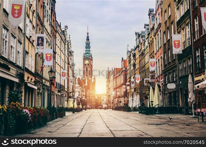 Old Town in Gdansk, Poland - Dluga Street. Travel destinations. Sunrise.. Old Town in Gdansk, Poland - Dluga Street.