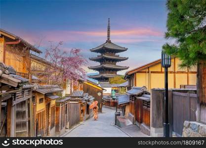 Old town Kyoto during sakura season in Japan at sunset