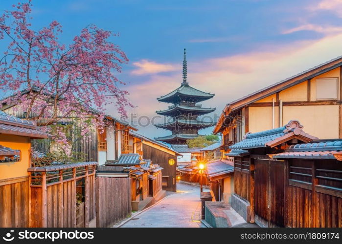 Old town Kyoto during sakura season in Japan at sunset